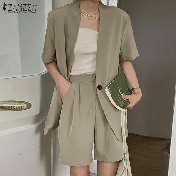 ZANZEA Женская мода Деловые наряды с коротким рукавом Блейзер и шорты Летний костюм Две части Комплект