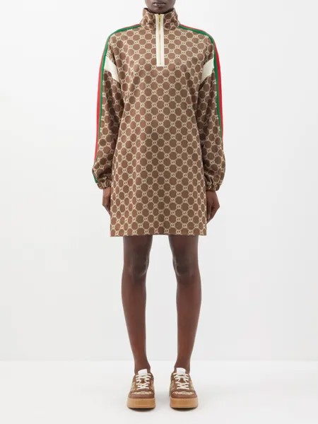 Платье мини из пике-джерси с принтом gg и полосками web Gucci, коричневый