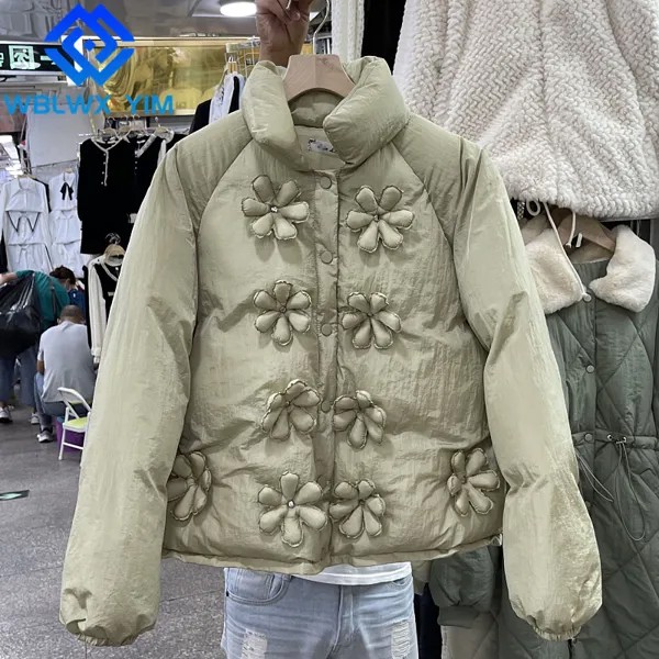 Парка женская зимняя, модный пуховик с стереоскопическим рисунком цветов, плотная теплая Свободная Повседневная хлопковая куртка
