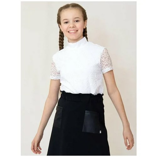 Школьная блуза Nota Bene, прилегающий силуэт, короткий рукав, стрейч, однотонная, размер 140/152, белый