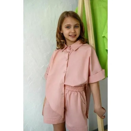 Комплект одежды для девочек на лето рубашка и шорты оранжевый рост 128-134 /Костюм оверсайз