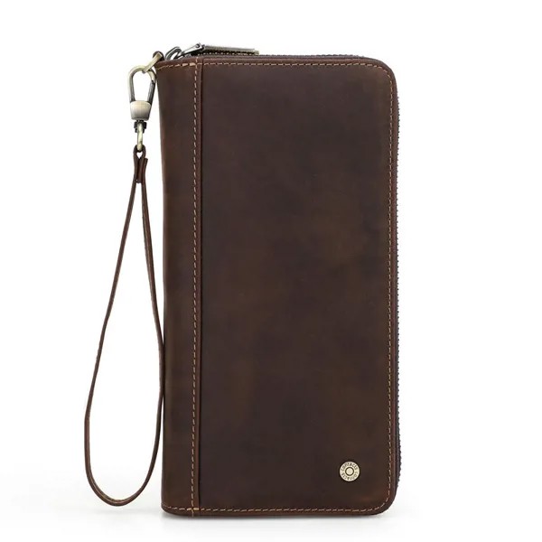 Мужской кошелек из натуральной кожи, винтажный однотонный бумажник с двойной молнией и ремешком на запястье для поездок
