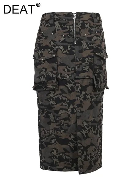 Женская облегающая юбка с карманами DEAT, камуфляжная юбка-годе средней длины с разрезом и заклепками, модель CP0502 на лето, 2023