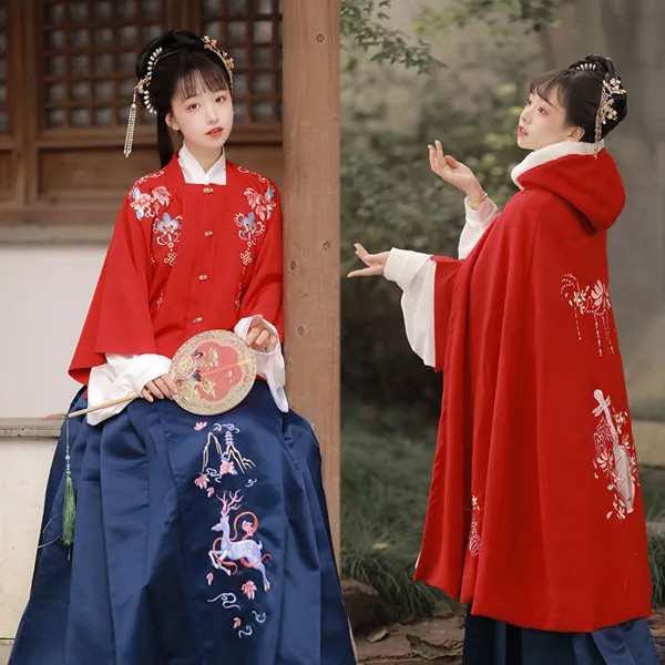 Зимний женский комплект Hanfu с юбкой с изображением лошади, накидка с рукавом Пипа, твидовый пиджак с вышивкой, китайское красное старинное п...