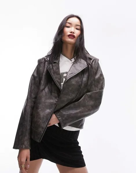 Серая байкерская куртка из искусственной кожи Topshop