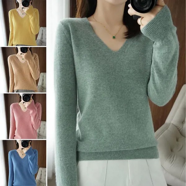 1PC Женщины V-образный вырез Нижняя рубашка Пуловер Свитер Вязаный кашемир Мода Свободный джемпер Зима