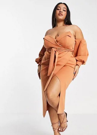Карамельное платье-футляр миди с запахом и воротником ASOS DESIGN Curve-Разноцветный