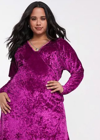 Бархатное платье мини с длинным рукавом и глубоким вырезом ASOS DESIGN Curve-Серый