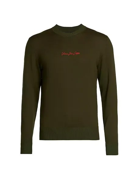 Шерстяной свитер с круглым вырезом и логотипом Versace Jeans Couture, темно-оливковый