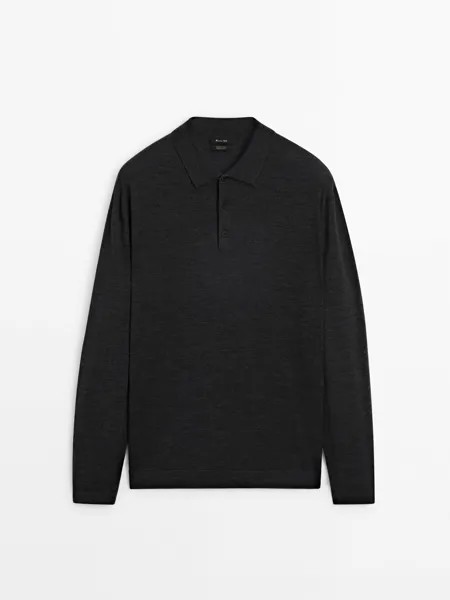 Свитер с воротником-поло из 100% мериносовой шерсти Massimo Dutti, черный