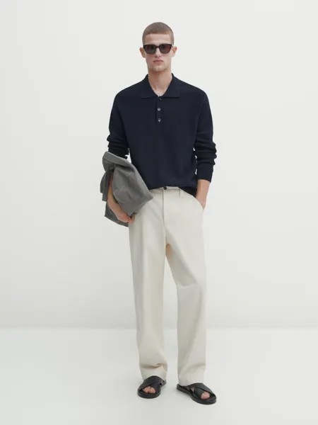 Свитер-Поло из смеси шерсти и хлопка Massimo Dutti, синий