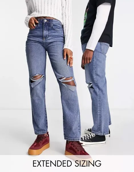 COLLUSION x000 — джинсы унисекс прямого кроя в стиле 90-х выцветшего синего цвета с декоративными разрывами