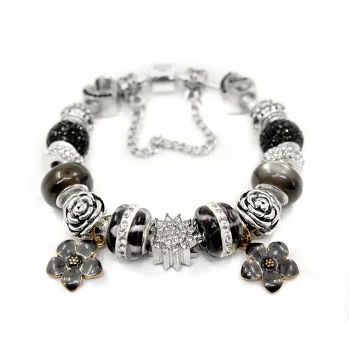 Браслет-цепочка Handinsilver ( Посеребриручку ) Браслет с шармами на основе из бижутерной стали, стразы, муранское стекло, стекло, 1 шт., размер 18 см, черный, серебристый
