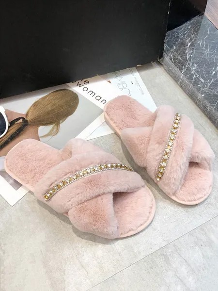 Milanoo Women Slipper Flat Heel Beaded Plush Upper Pink Slide Sandals
