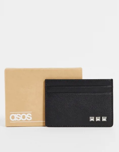 Черный кожаный кошелек для карт с заклепками ASOS DESIGN-Черный цвет