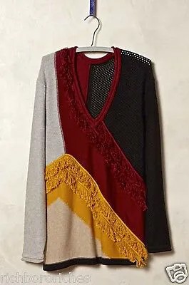 Пуловер Tracy Reese с бахромой и цветными блоками черно-винно-золотой P NWT