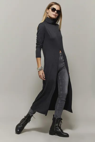 Женская туника антрацитового цвета с высоким воротником и длинным разрезом Cool & Sexy, серый
