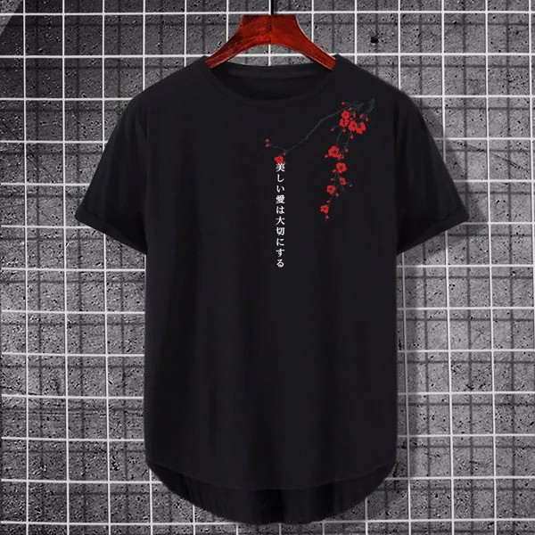 Асимметричная футболка с цветочным рисунком и с японским текстовым принтом для мужчины