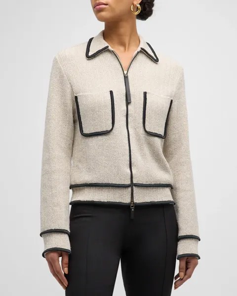 Льняной трикотажный жакет с контрастной отделкой Giorgio Armani, цвет Solid Medium Beige
