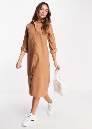 Вельветовое платье-рубашка миди в стиле oversized серо-бежевого цвета Urban Threads-Коричневый цвет