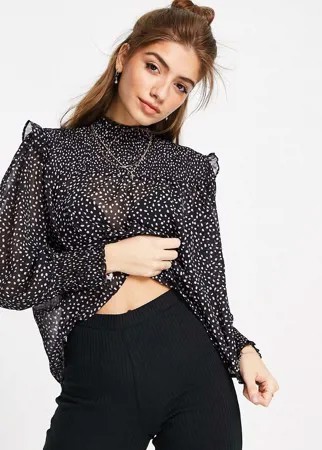Черная шифоновая блузка в горошек с высоким воротником и сборками New Look-Черный цвет