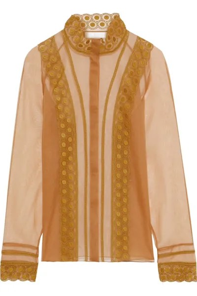 Блузка из шелковой органзы с фестончатой ​​вышивкой Chloé, светло-коричневый