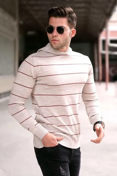 Бежевый мужской свитер с капюшоном 5623 MADMEXT