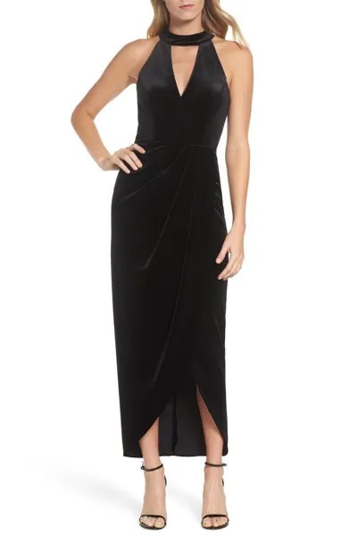 XSCAPE Черное бархатное эластичное платье с бретельками на шее и замочной скважиной с искусственным запахом 4