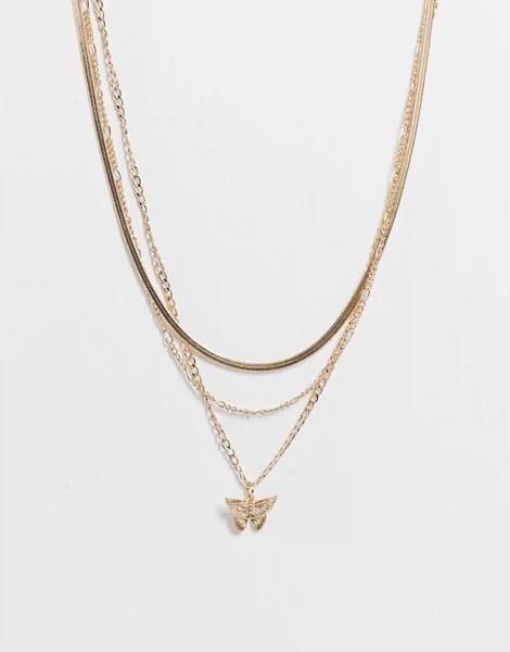 Золотистое ярусное ожерелье-цепочка с бабочкой Topshop-Золотистый