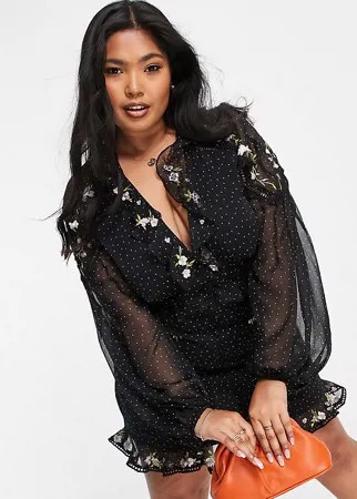 Платье мини с принтом в горошек, вышивкой и воротником ASOS DESIGN Curve-Черный цвет
