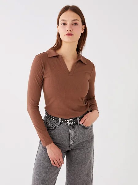 Простая женская футболка с воротником поло и длинными рукавами LC WAIKIKI, коричневый