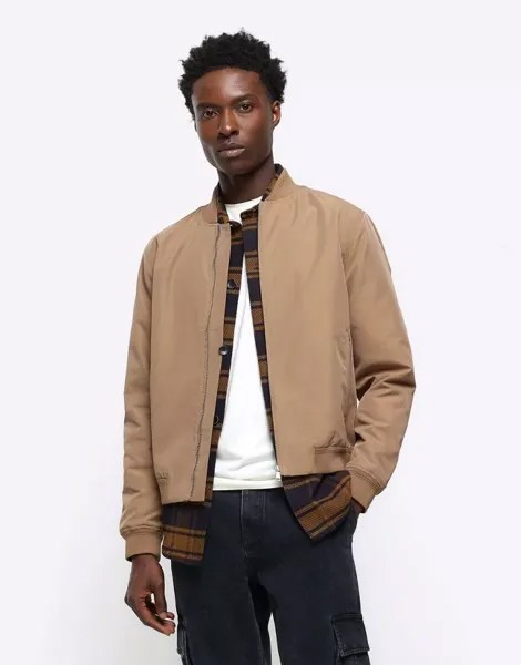 Темно-коричневая куртка-бомбер на молнии стандартного кроя River Island