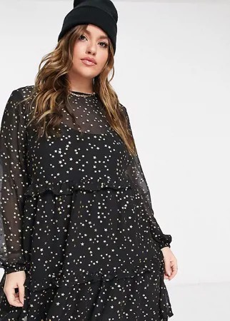 Черное свободное ярусное платье мини с принтом из серебристых звезд ASOS DESIGN Curve-Черный