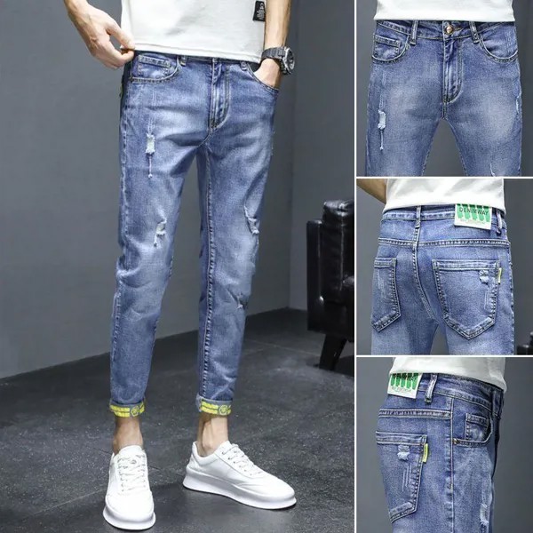 Летние светлые рваные джинсы до щиколотки Брюки Мужчины 2022 Тонкая корейская версия Модная эластичная Slim-Fit