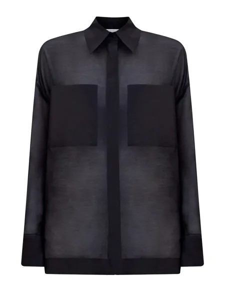 Блуза из хлопкового и льняного шифона с накладными карманами