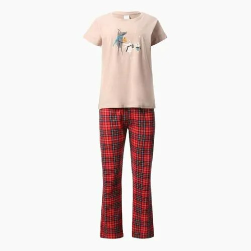 Пижама , брюки, футболка, короткий рукав, размер 48, бежевый, красный