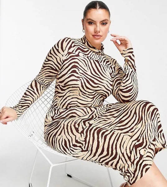 Прямое платье миди с высоким воротом и тигровым принтом ASOS DESIGN Curve-Разноцветный