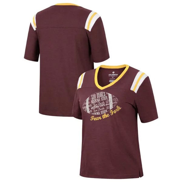 Женская темно-бордовая футболка Colosseum Arizona State Sun Devils 15 Min Early Football с v-образным вырезом Colosseum