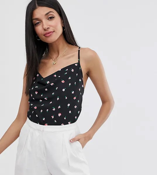 Топ на бретелях с цветочным принтом и свободным воротом Fashion Union Tall-Черный