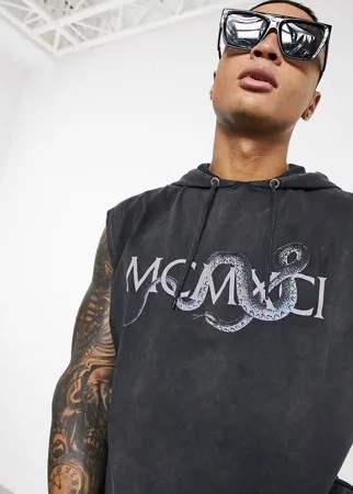 Oversized-майка выбеленного черного цвета с капюшоном и принтом со змеей ASOS DESIGN-Черный цвет