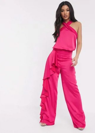 Розовые широкие брюки с оборками Missguided Peace + Love-Розовый цвет