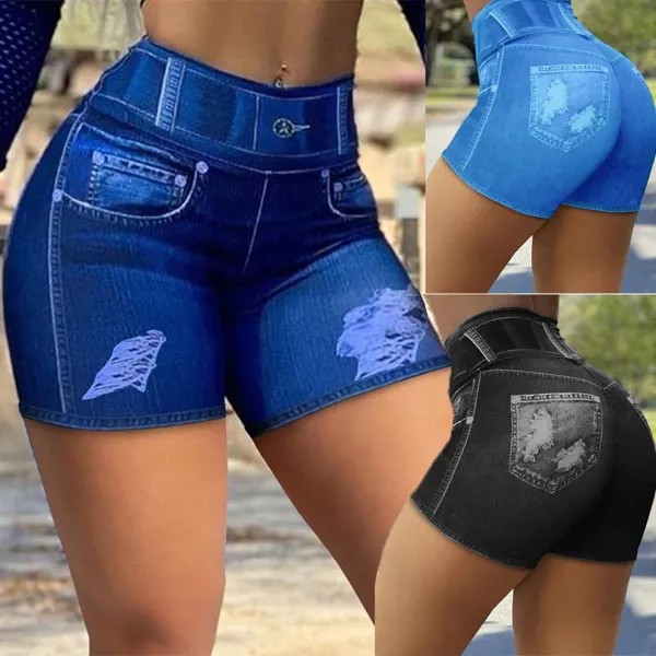 Мода Женские шорты Ковбойские леггинсы с принтом Джинсы Высокая талия Slim Fit Спортивные брюки Плюс Размер