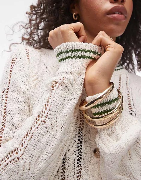 Topshop – Кардиган косой вязки цвета слоновой кости с зеленой окантовкой