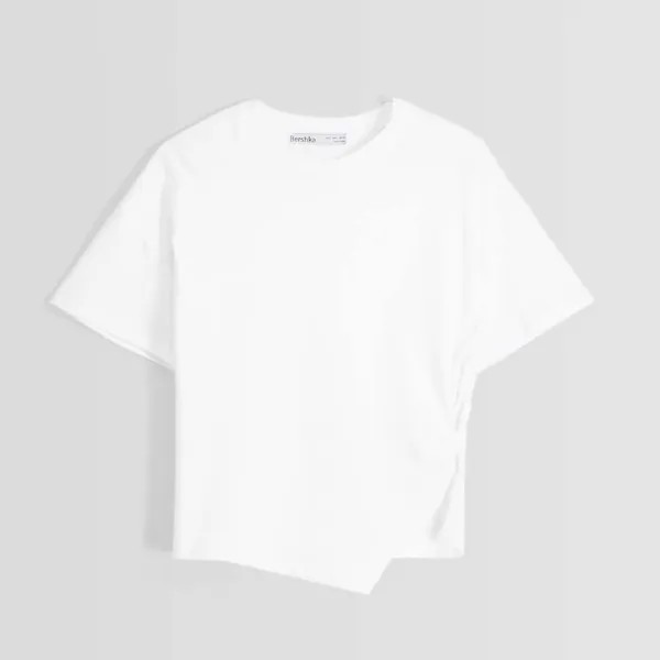 Футболка Bershka Gathered Boxy Fit Short Sleeve, белый