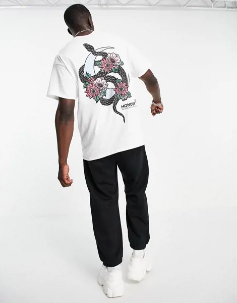 Белая футболка с принтом со змеей на спине HNR LDN-Белый