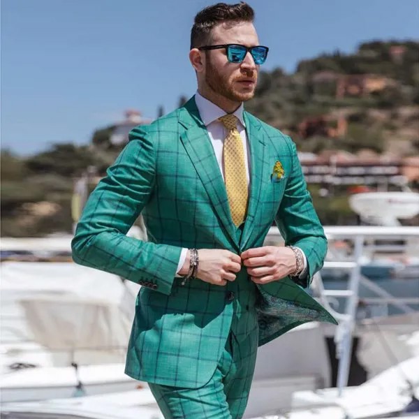 Зеленый мужской костюм Damier в клетку, свадебные блейзеры с отложным воротником, мужские смокинги из трех предметов, одежда для жениха, куртки...