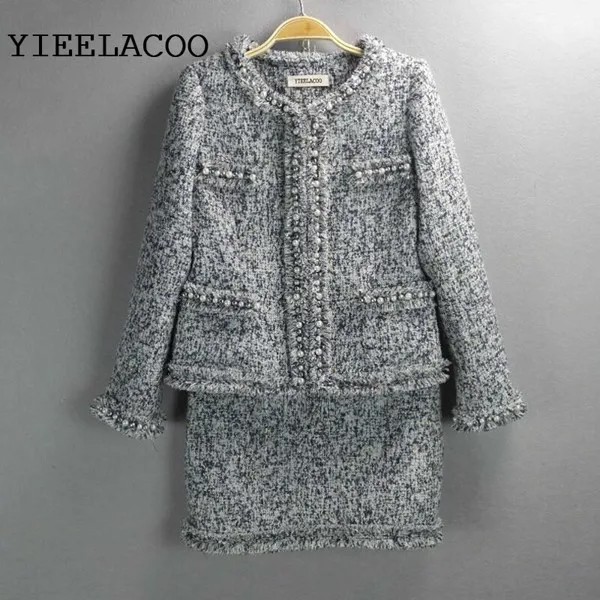 Gray tweed jacket + skirt suits hand-beaded Spring /Fall / Winter new ladies coats 2-piece skirt suit Women's Jackets