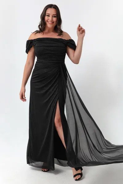Женское черное длинное блестящее вечернее платье с вырезом лодочкой и разрезом Lafaba, черный