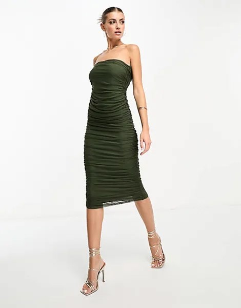 Оливково-зеленое платье миди из сетки с воланами и сборками