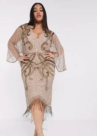 Платье миди с широкими рукавами и вышивкой бисером ASOS DESIGN Curve-Коричневый